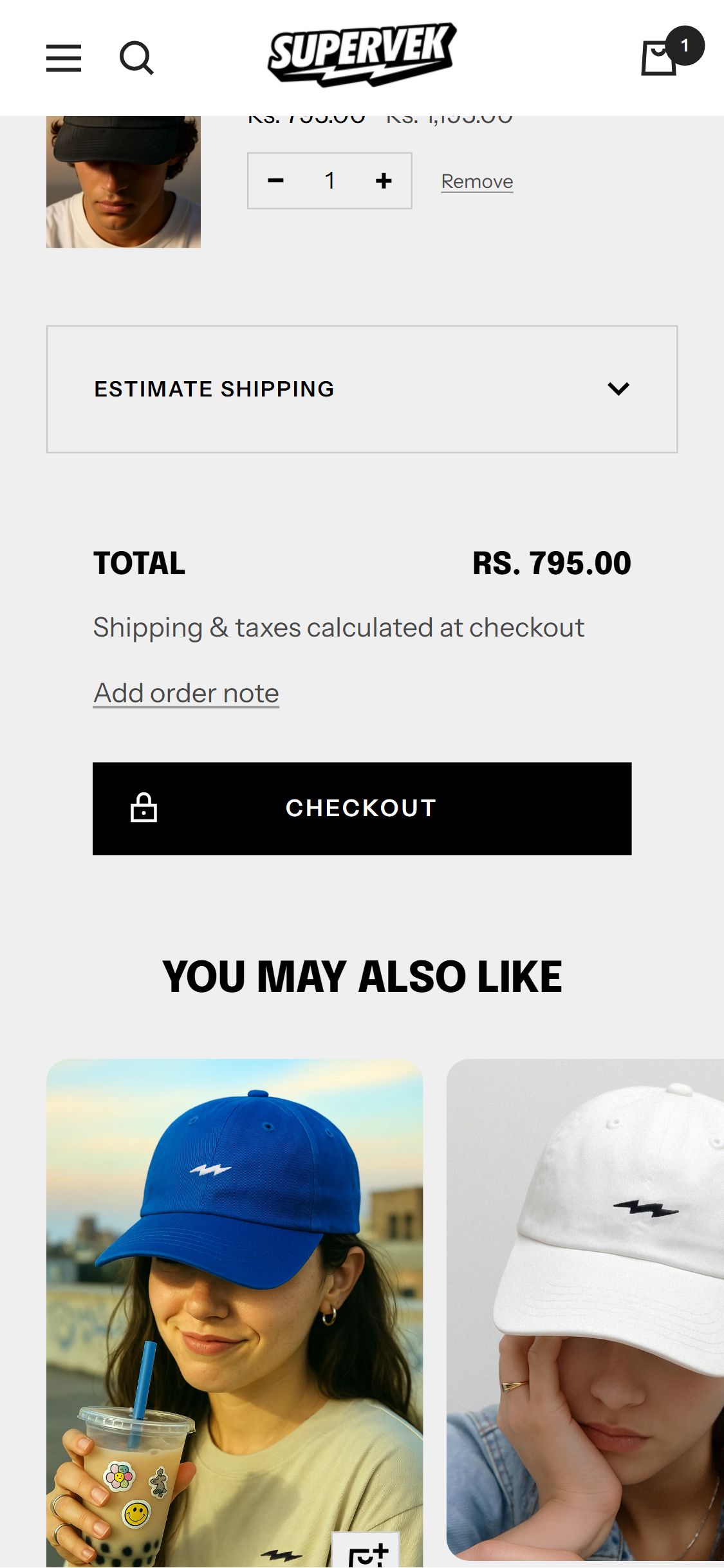 Supervek — Cart page ('You might also like' section with 2 accessory/apparel recommendations below cart items)