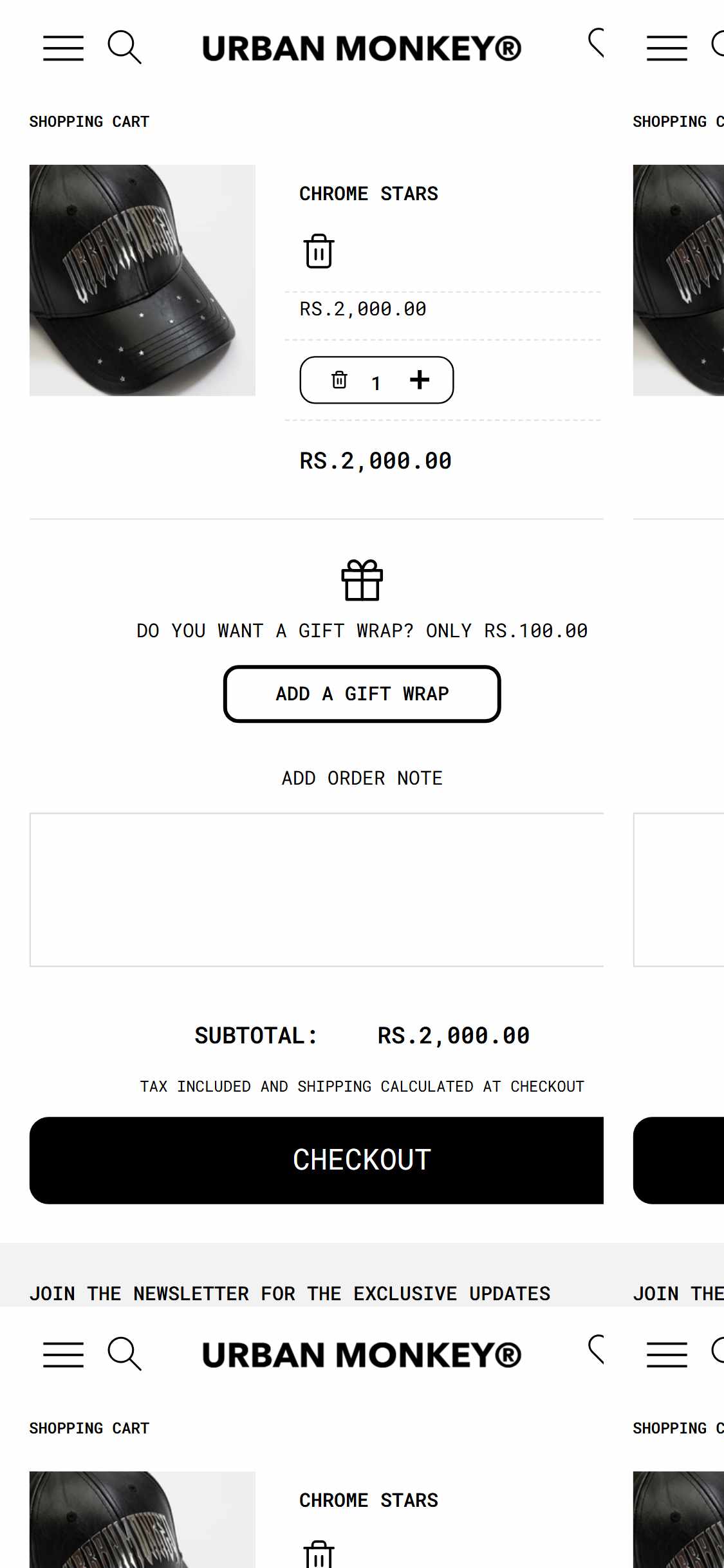 Urban Monkey — Cart page (no free shipping progress bar, only subtotal and checkout button visible)