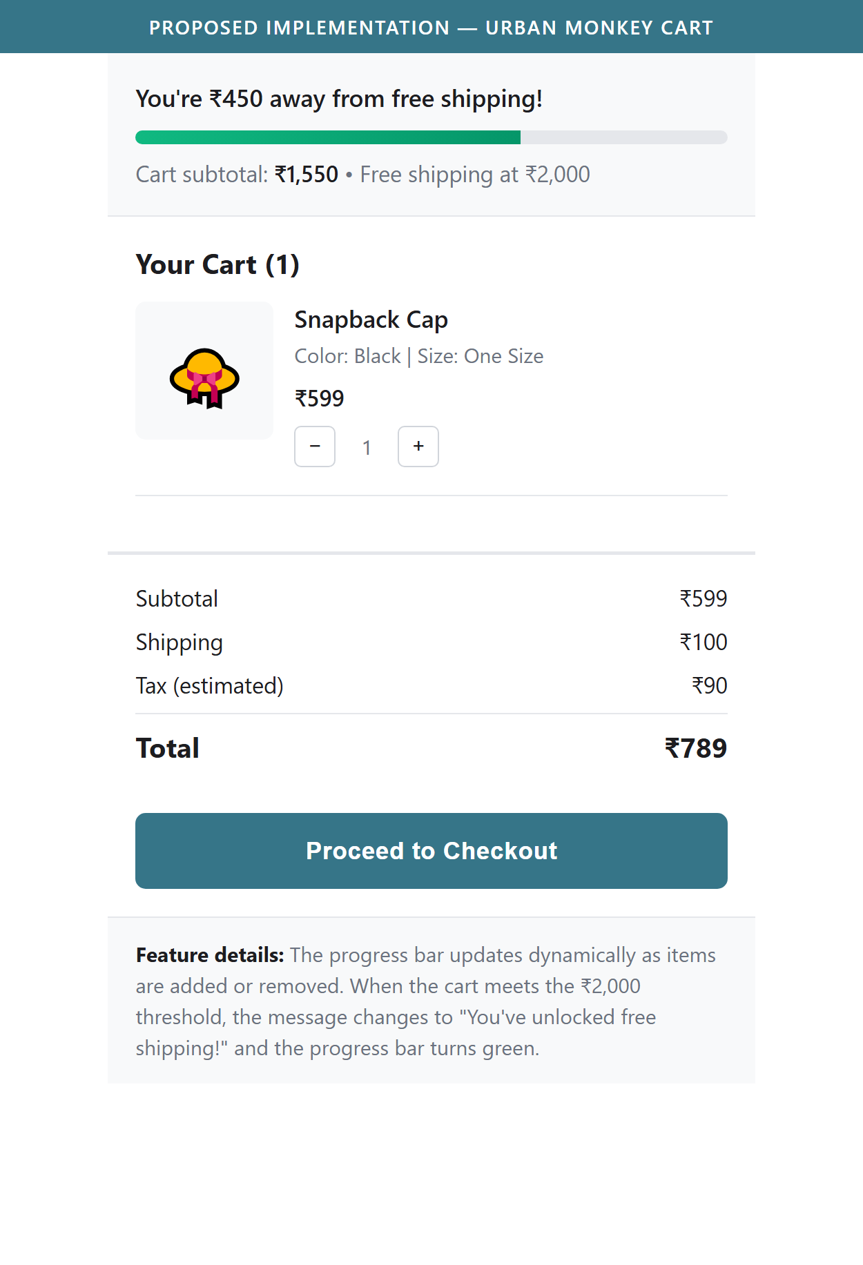 Proposed Implementation — Urban Monkey Cart (dynamic free shipping progress bar with threshold messaging)