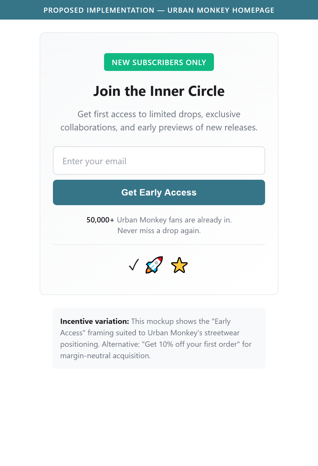 Proposed Implementation — Urban Monkey Homepage (email signup with early access incentive)