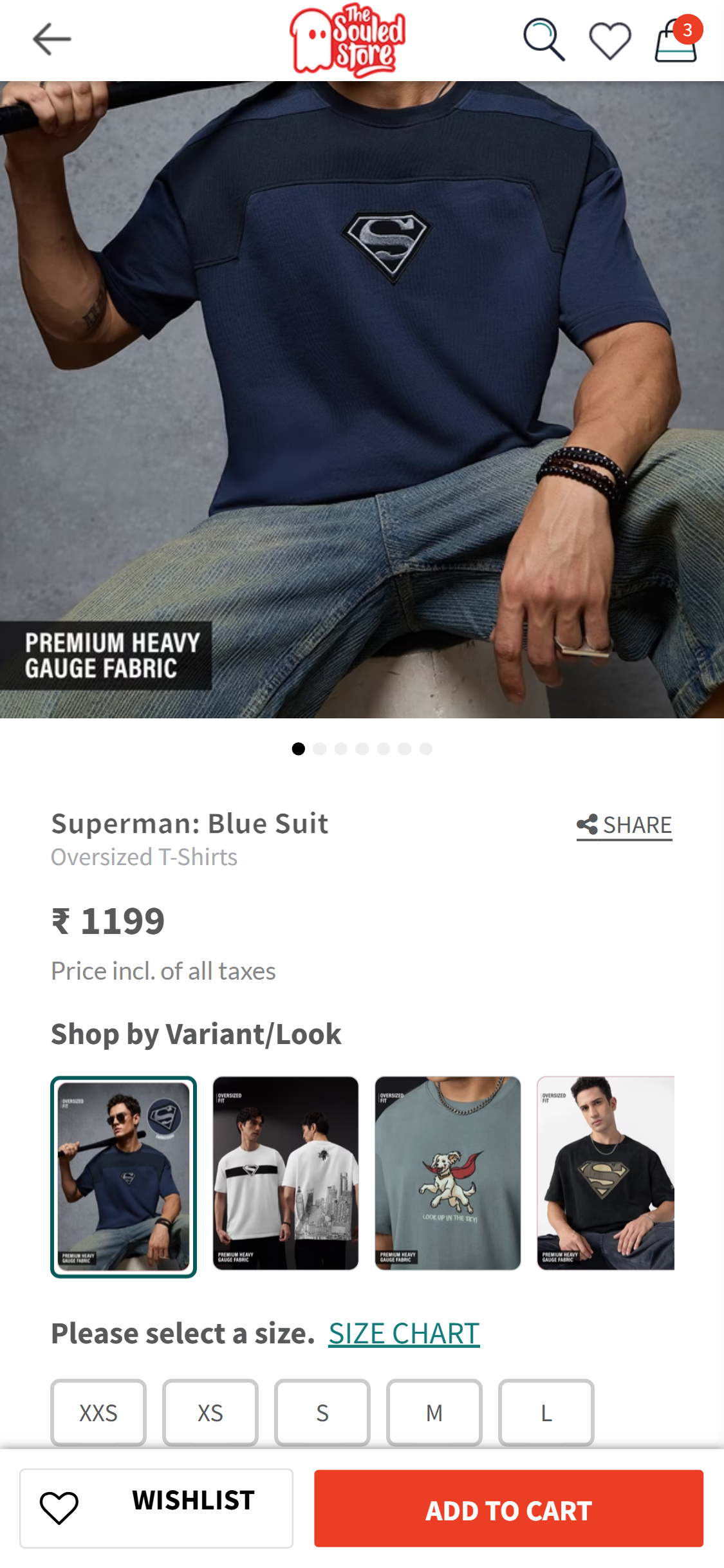 The Souled Store — PDP size selector (size guide link directly adjacent to the selector, opens measurement chart modal)