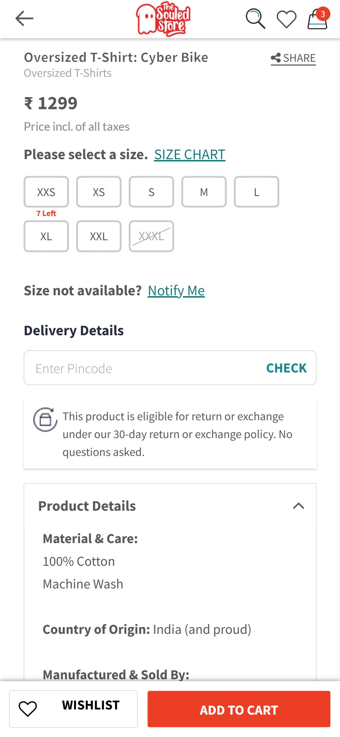 The Souled Store — PDP (pincode field: 'Enter pincode for delivery date' with estimated date displayed inline)