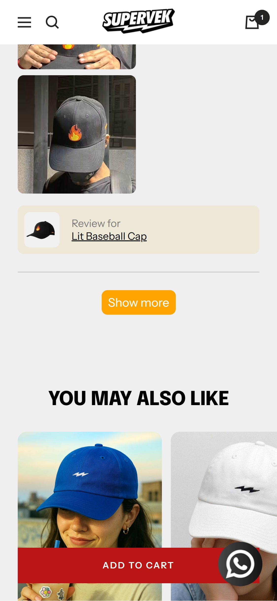 Supervek — PDP ('Complete Your Look' section: cap paired with t-shirt and sunglasses with direct add-to-cart on each)