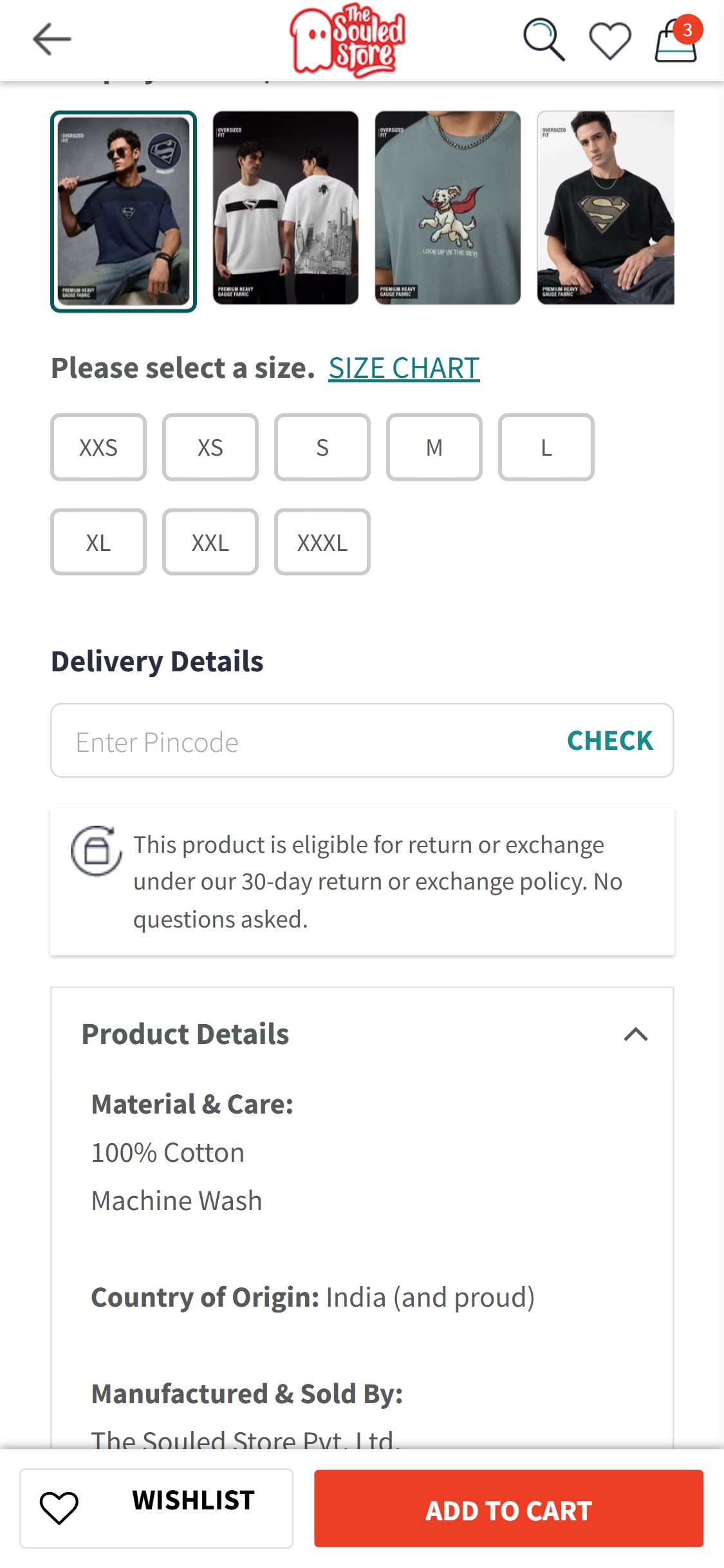 The Souled Store — Mobile PDP (sticky bottom bar with product name, price, and Add to Cart button persists at all scroll depths)